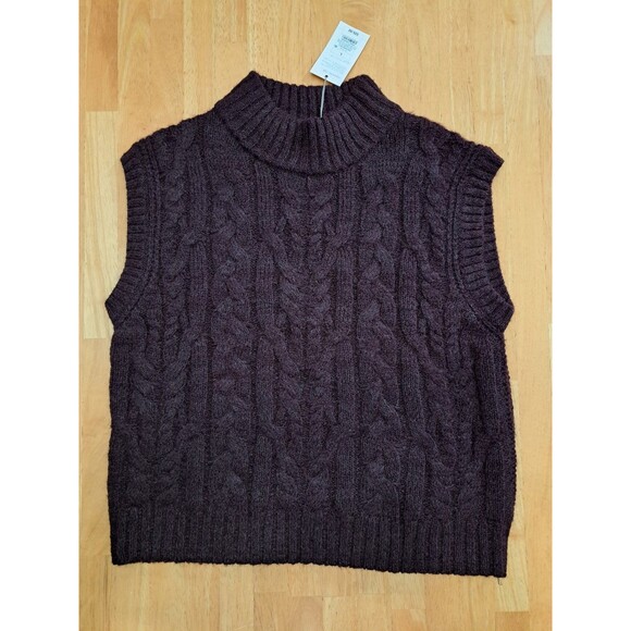 A New Day Women's Cable Knit Sleeveless Mock Neck Cropped Sweater Brown NWT Sz L - Picture 1 of 7